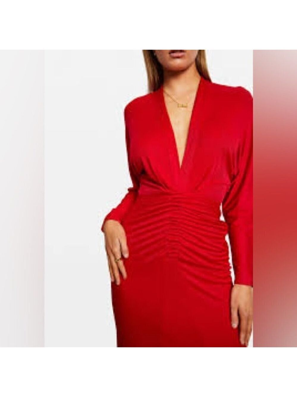 * Selina Red Viscose Crepe Jersey Deep V Neck Ruched Midi Dress Size 4
